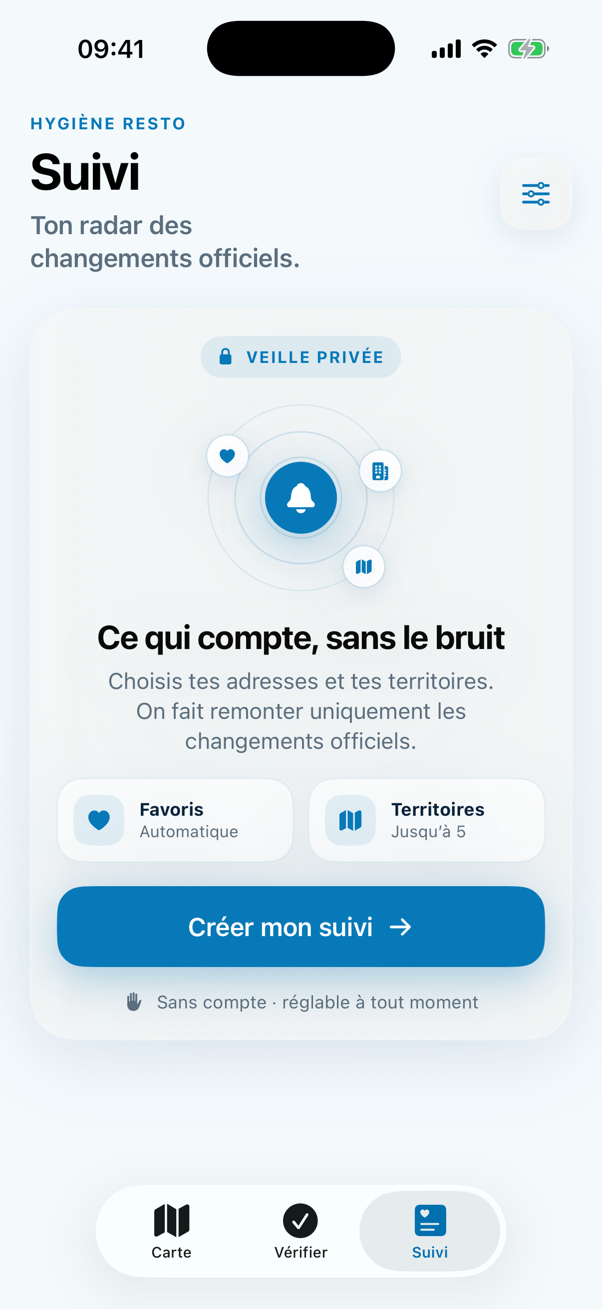 Écran actuel du fil Suivi de l’application Hygiène Resto