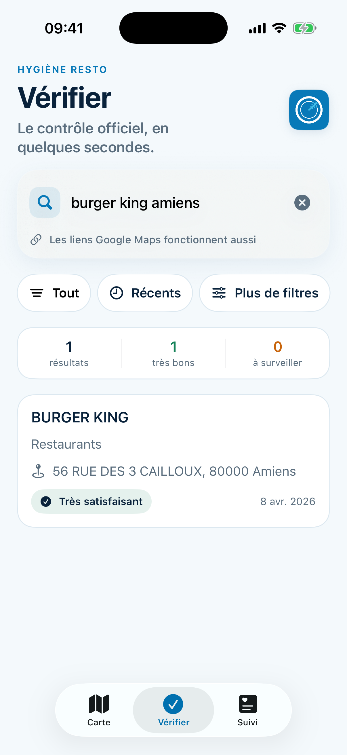 Capture actuelle de l’écran Vérifier dans Hygiène Resto